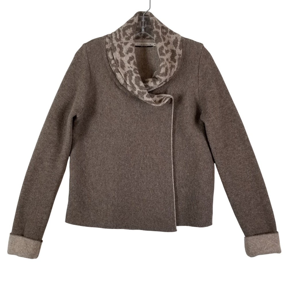 Chiaramente Cardigan Sweater Womens Medium Brown Wool‎ Blend Leopard Cowl Italy